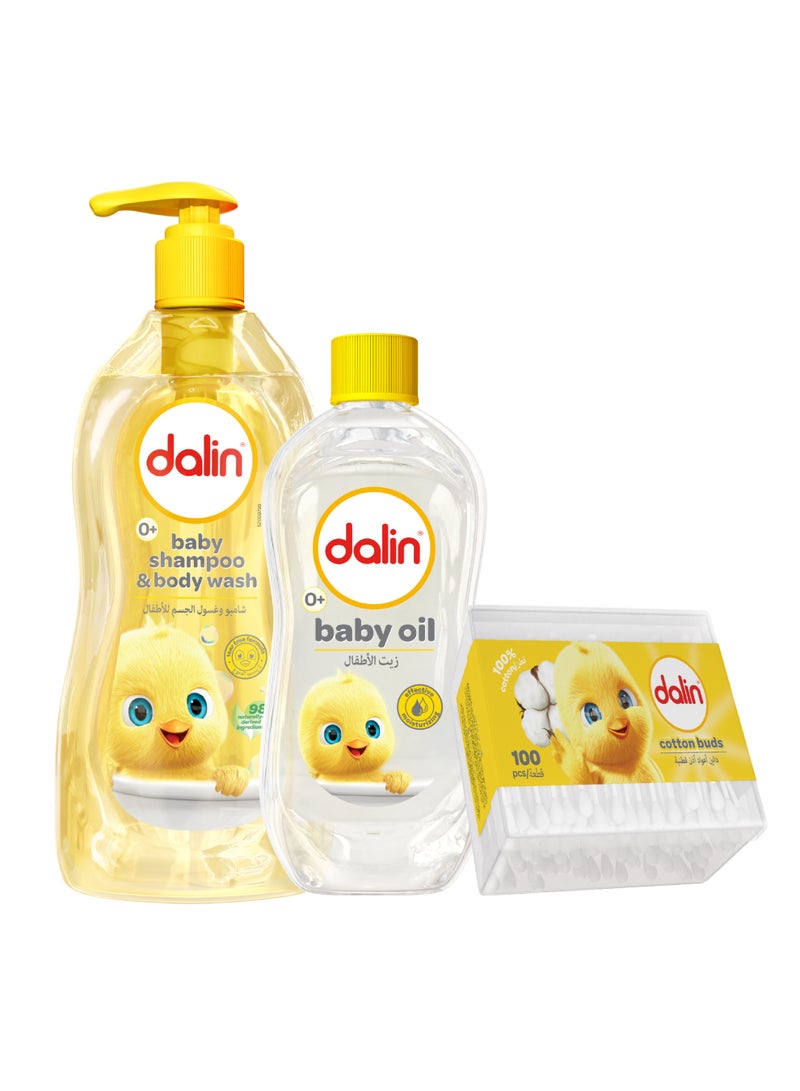 مجموعة العناية بالرضع من دالين | شامبو وغسول الجسم 700 مل + زيت الأطفال 200 مل + أعواد قطن 100 قطعة | مجموعة أساسية لطيفة وآمنة للرضع